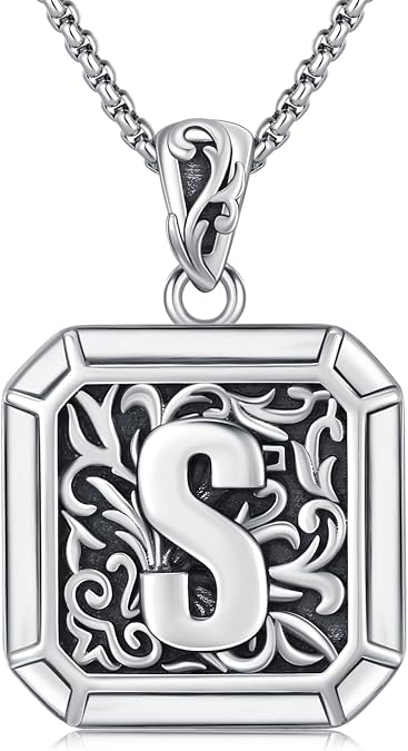 Sterling Silver Large Square Initial Letter Pendant Necklace with 22" Chain