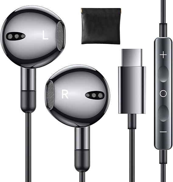 USB C Headphones for iPhone 17 Air 16e 15 Pro Max Plus for iPad Pro USBC Earphones with Microphone Volume Control USB-C Wired Earbuds USB Type C Head Phone for Google Pixel 10 9 8 Samsung S26 S25