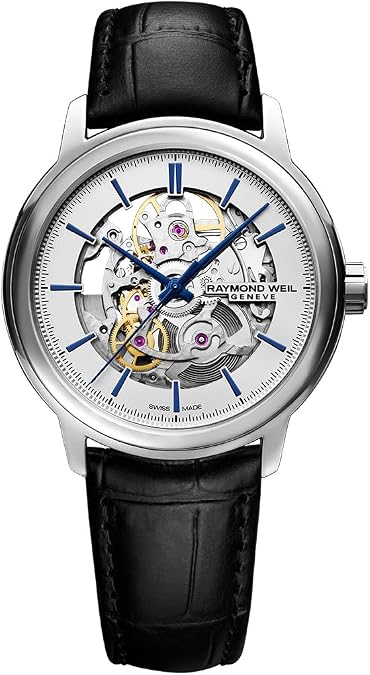 RAYMOND WEIL Maestro Men's Skeleton Automatic Watch, Silver Galvanic Open-Worked Dial, Black Leather Strap, 39.5 mm (Model: 2215-STC-65001)