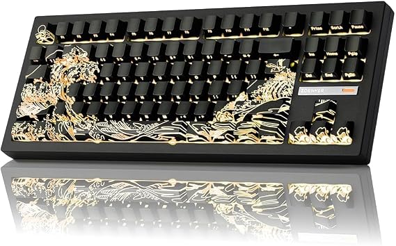 ZORNHER ZH870 Wireless Gaming Mechanical Keyboard,80% Black Custom Creamy Sound Keyboard with Shine Though Wave of Kanagawa Kanagawa Keycaps,Creamy Sounding Linear Switches,Hot-Swappable,RGB Backlit