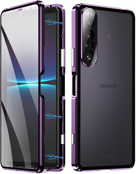 QUIETIP Case Compatible with Sony Xperia 1 IV,Magnetic Metal Frame Clear Tempered Glass + Hard PC Matte Back Non Slip Shockproof Case with Camera Protector,Purple