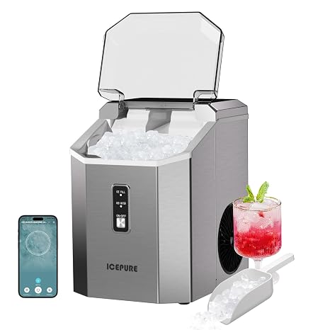 ICEPURE Nugget Ice Makers Countertop with App, Portable Ice Machine | with WiFi, 33lbs/24H, Ready in 5-10 Mins, Self Cleaning,Small Ice Maker with Basket Scoop, for Home/Party/RV(Stainless Steel)