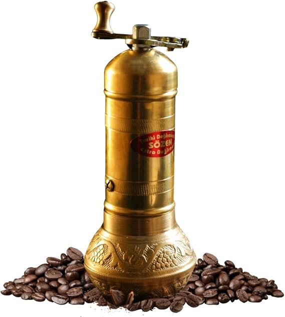 Sozen 6.4" Manual Coffee Grinder Brass Hand Crank Burr Mill for Turkish Coffee, French Press, Espresso, Camping & Home Use Portable Coffee Bean Grinder, Adjustable Conical Grinder