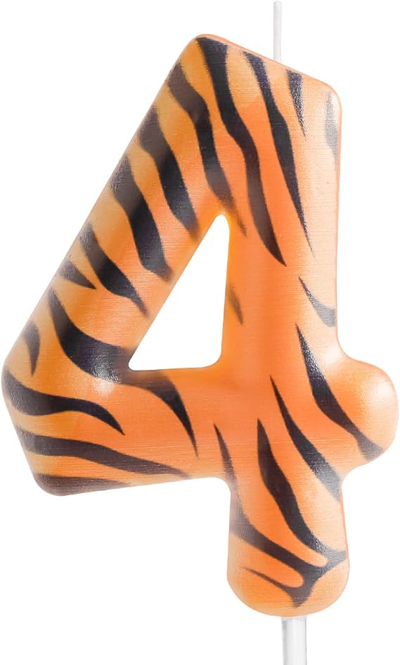 Zi Lan Tiger Stripe 4th Birthday Number Candle, Jungle Animal Tiger Printed Cake Topper for Boys Girls Kids Birthday Party Decorations Supplies