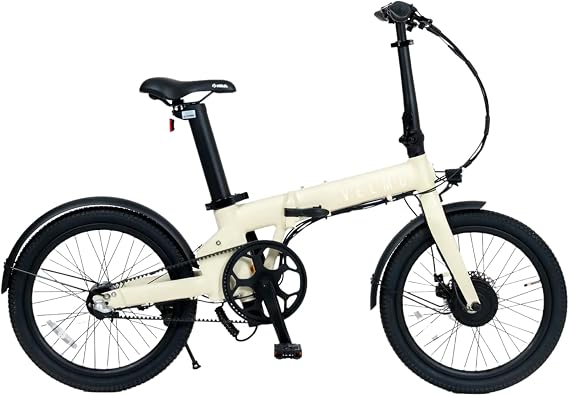 VELMO Panorama Electric Assisted Bicycle, Foldable, 20 inches, No Assembly Required, Drives up to 330.7 miles 150 km, Three Tier Gears, Belt Drive, Lightweight, Charging Time 3 to 4 hours, Model Certified, City Cycle Milky White