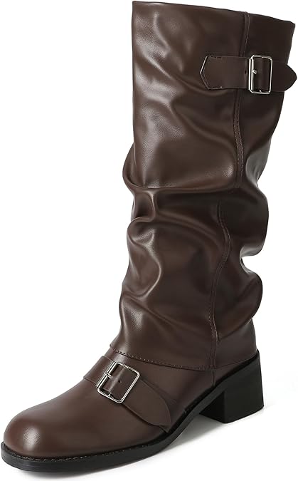YIYA Women's Slouchy Fold Over Knee High Boots Motorcycle Buckle Square Toe Chunky Low Heels Wide Calf Goth Biker Riding Long Boots