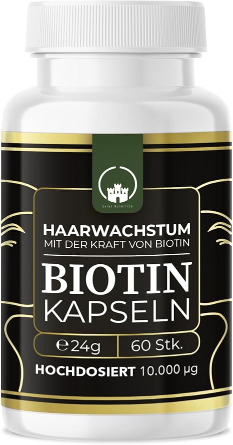 Saint Nutrition Biotin 10000 μg High Dose - 60 Vegan Capsules for Hair Growth Skin Nails & Hair - Pure Biotin Without Additives - Hair Care - Made in Germany - Hair Vitamins Dietary Supplement
