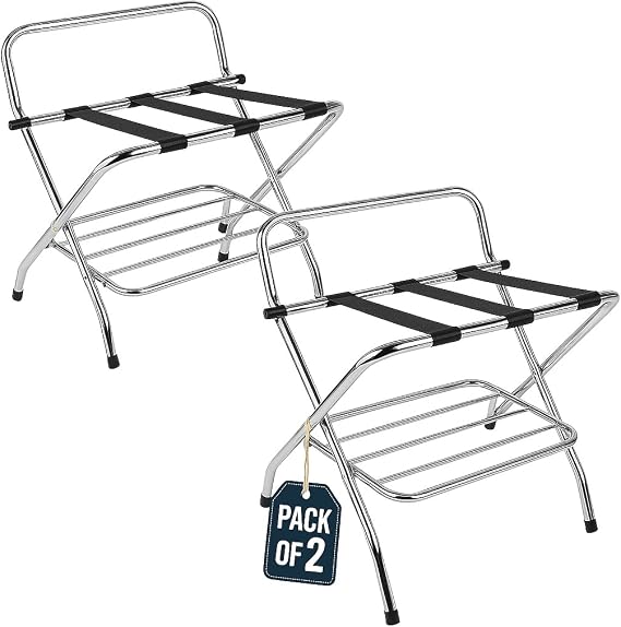 USTECH Double Rack with High Back-Luggage Rack, Chrome, Self Asssembly, Luggage Rack for Guest Room (Pack of 2)