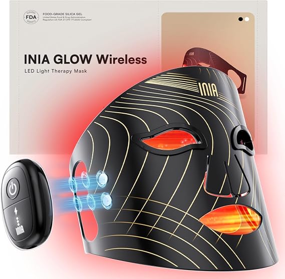 INIA GLOW Wireless Red Light Therapy Mask for Face, 850nm NIR, 272 LEDs | Cordless & Portable, Dual Magnetic Batteries, 3 Light Modes, 272 LEDs, 105mW/cm2 Output, Lightweight Silicone, Home & Travel