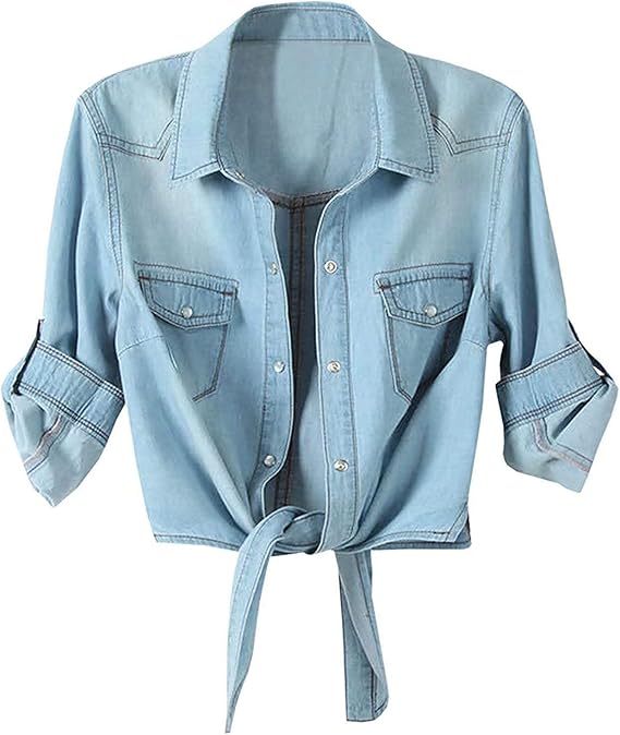 Women's 3/4 Sleeve Crop Top Tie Front Denim Shirt Cardigan