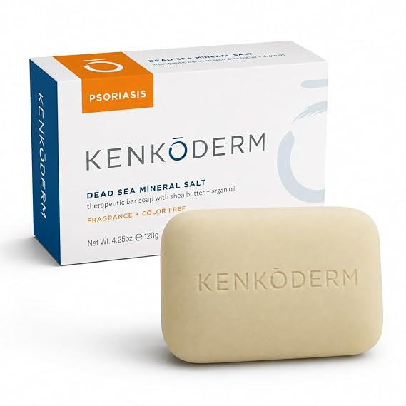 Kenkoderm Psoriasis Dead Sea Mineral Salt Soap with Argan Oil & Salicylic Acid, Natural Exfoliating Body & Face Cleanser for Sensitive Skin, Color & Fragrance Free, 4.25 Ounce, 1 Bar