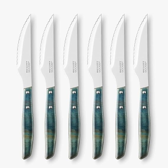 Arcos Table Knives - Steak Knives Set 6 pieces - Blade Nitrum Stainless Steel 4" / 110 mm - Serrated Edge - Compressed Wood Handle - Blue Color