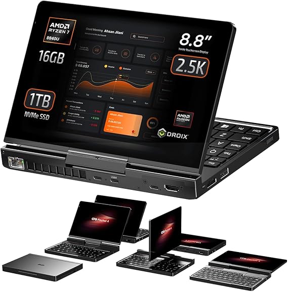 GPD Pocket 4: Mini Laptop with AMD Ryzen 7 8840U CPU, Radeon 780M GPU, 16GB LPDDR5X RAM, 1TB PCIe Gen4 SSD, 8.8 Inch 2.5K 144Hz Display, Wi-Fi 6E, Bluetooth 5.3, Modular AI Handheld PC