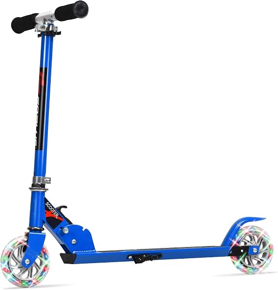 Goplus Folding Kick Scooter, 2 Flash Wheels Deluxe Aluminum, Rear Fender Brake,Adjustable Height, Sports Scooter for Girls and Boys