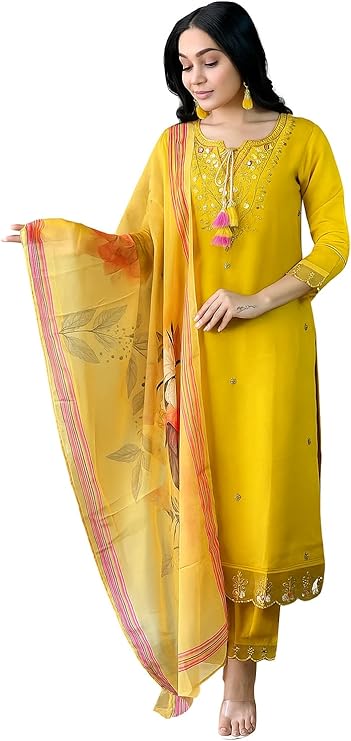 Indian Women's Mustard Chanderi Silk Embroidered Kurta with Pant and Dupatta Set