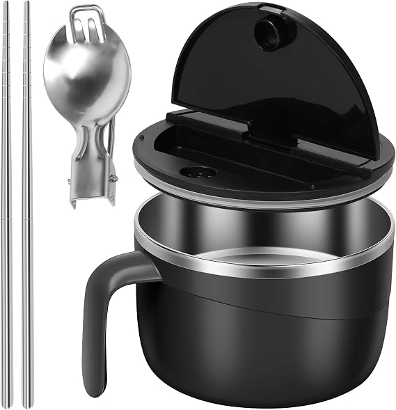 Microwave Ramen Bowl, Rapid Ramen Bowl with Filterable Lid, 1200ml Stainless Steel Microwave Soup Bowl, Portable Ramen Cooker with Spoon Chopsticks for Home Office Dorm Apartment Motor Home (Black)
