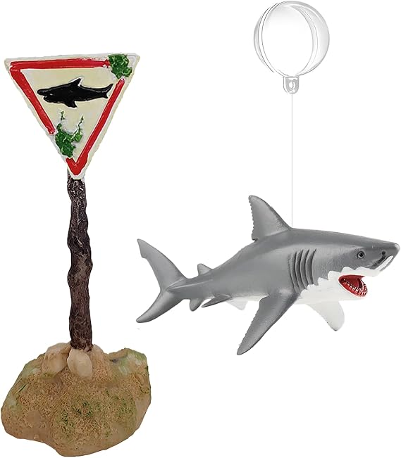 Aquarium Shark Decor Set - Floating Great White Shark with Shark Warning Sign for Fish Tanks - Decorative Accessories for Aquariums (Caution - Shark Crossing)