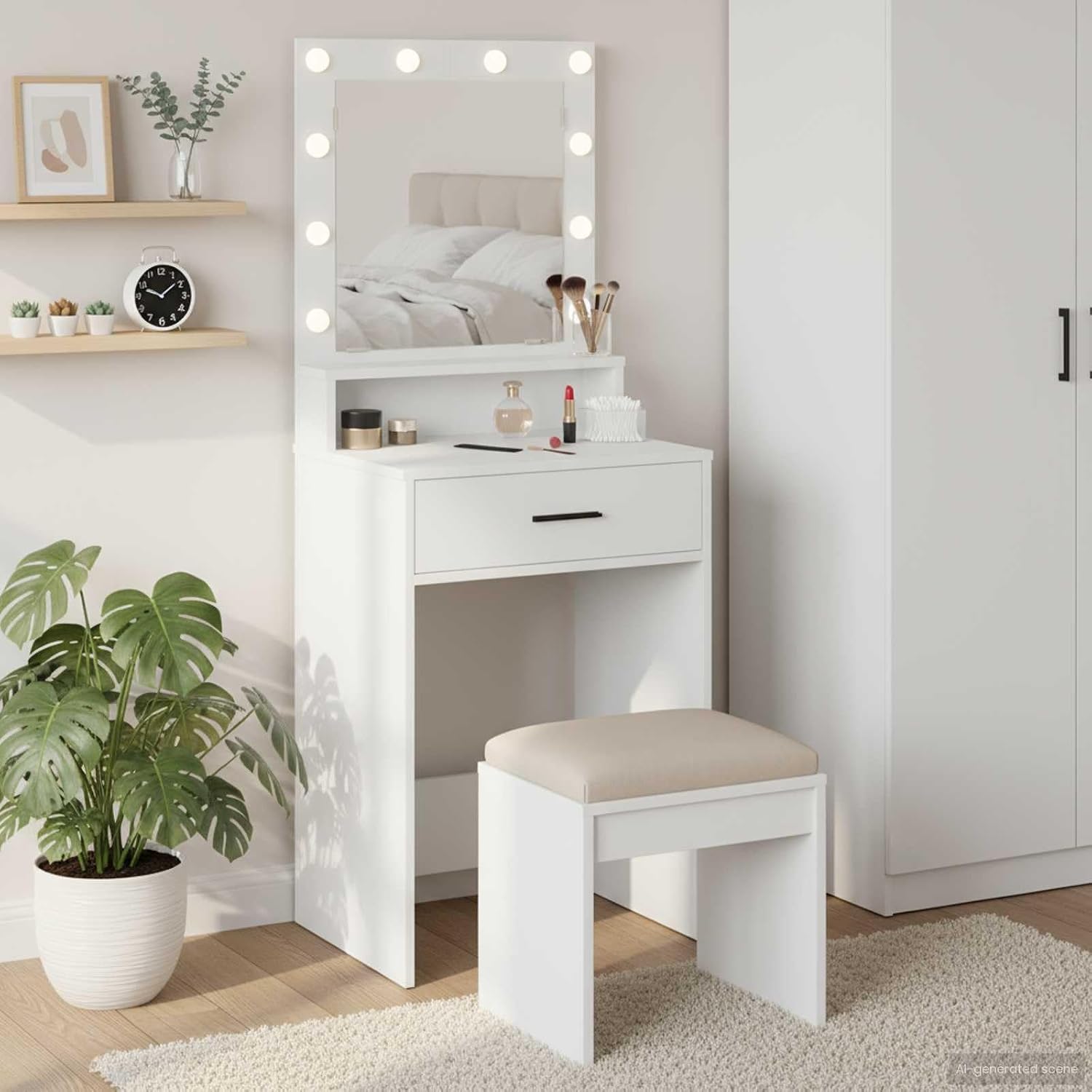 White Dressing Table, 50x41x135 cm Engineered Wood Vanity with LED Mirror Lights, Ample Storage Drawers for Bedroom Makeup