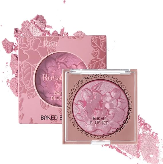 Baked Blusher Highlighter Pressed Blush with 3D Pearlescent, Face Blush Glitter Shimmering Floral Relief Structure Pink Blush Highlight Powder Palette (Blush 01#)