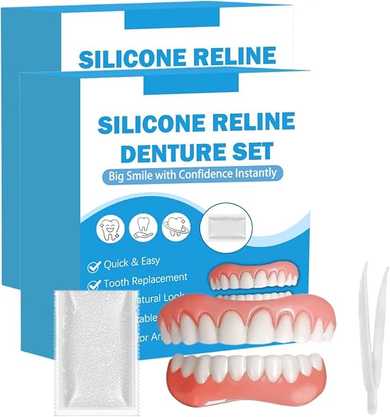 2 Pair Soft Adjustable Silicone Dentures Teeth Top and Bottom, False Teeth Set Full Dentures, Temporary Tooth Filling Repair Kit, Comfortable Reline Denture Set to Fit Over Existing Tooth Women & Men