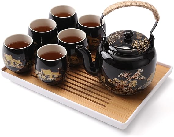 DUJUST Japanisches Teeservice Schwarzes Porzellan Chinesisches Teeset mit Kanne und Tassen Schönes Asiatische Teekanne Set für Teeliebhaber (Landschaft in Gold)