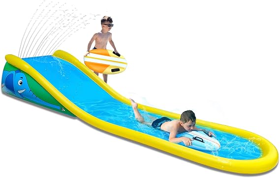 Inflatable Water Slide with Sprinkler for Kids,18FT waterslide with 2 Inflatable Surf Riders and Built-in Sprayer for Ages 6 and Up Backyard Summer Sprinkler and Splash Water Toy Outdoor Fun