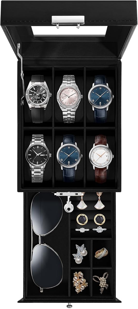 Uten 6-Slot Watch Box, 2-Layers Leather Watch Case with Lock, Black
