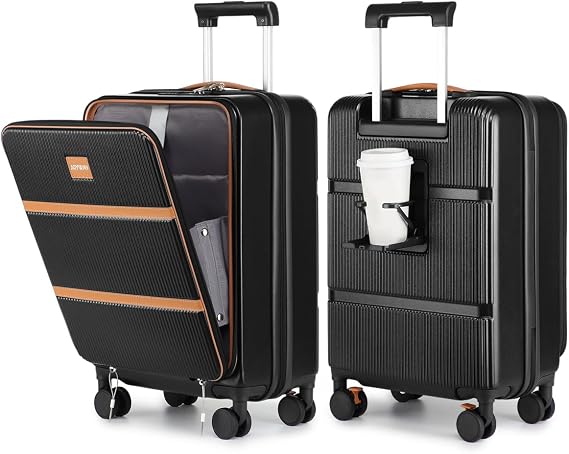 Joyway 20 Inch Carry On Luggage with Front Pocket and Cup Holder, Black