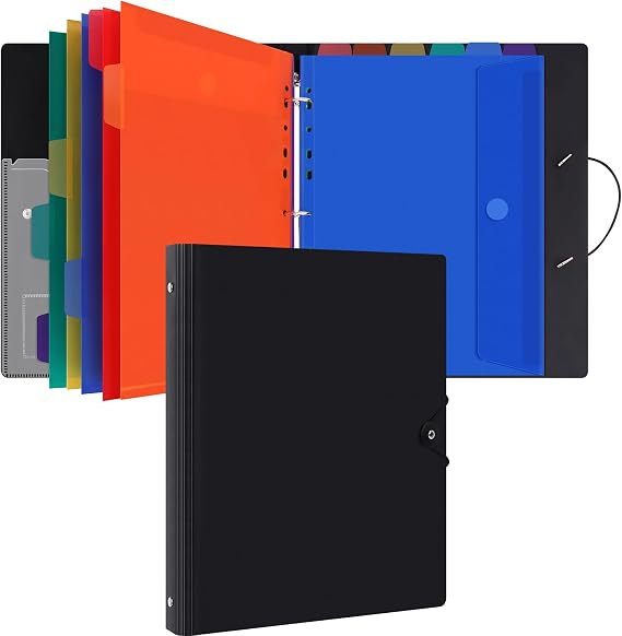 Uquelic Document Folder A4 for Filing Ring Binder A4 Slim with 12 Plastic Document Pockets (6 Colours) Waterproof Folder Organiser - Black