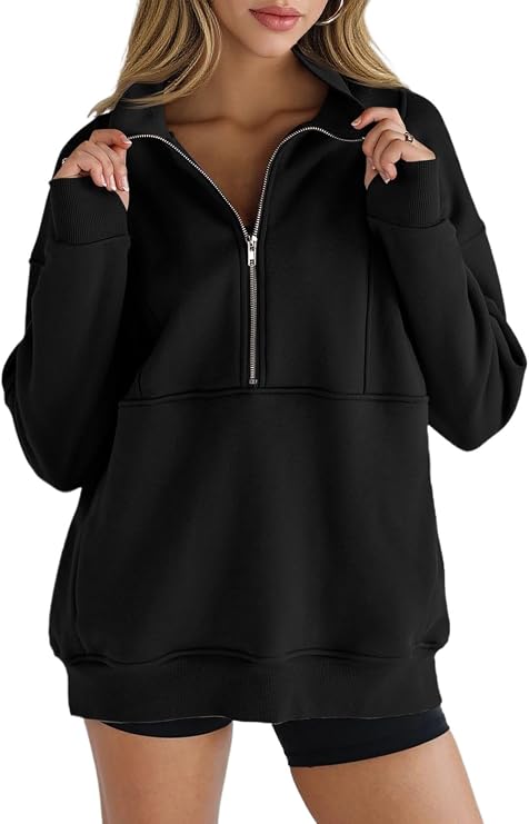Women's Half Zip Sweatshirts Fleece Stand Collar Long Sleeve Thumb Hole Oversized Pullovers with Pockets