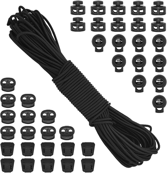 BDS-HOME 40Pcs Plastic Cord Locks with 1/8-Inch 65ft Elastic Cord Stretch String Sing-Hole and Double-Hole Spring Toggle Stopper Slider for Drawstring, Shoelaces, Clothing, Backpack, Bags