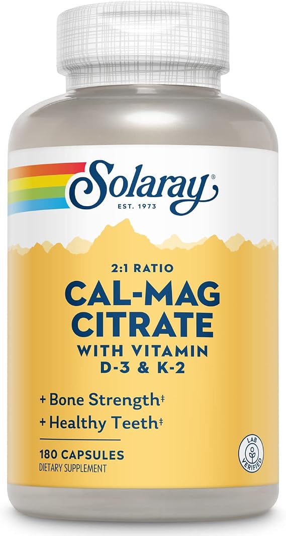 SOLARAY Calcium Magnesium Citrate 2:1 with Vitamin D3 K2, 180 Capsules