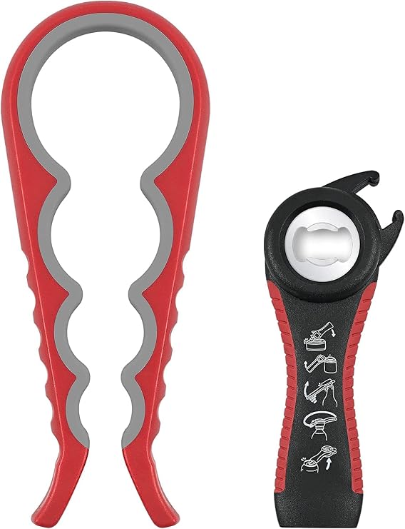 Jar Opener Bottle Opener for Weak Hands, 5 in 1 Multi Function Can Opener Bottle Opener Kit with Silicone Handle Easy to Use for Children, Elderly and Arthritis Sufferers, Red