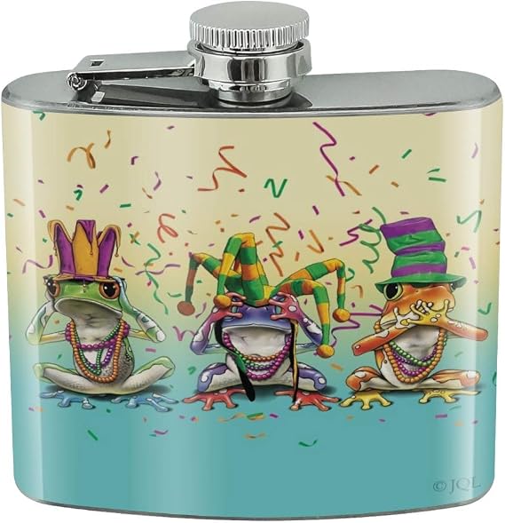 Party Frogs Mardi Gras See No Evil Hear Speak Stainless Steel 5oz Hip Drink