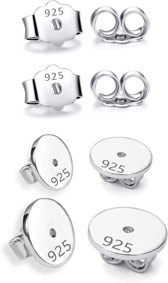 4Pairs 925 Sterling Silver Ear Backs for Studs Earring Making Replacements | Earring Making Supplies Ear Backs Set Hypoallergenic Ear Backings for Posts Safety Locking Backs Large Flat Earring Stoppers