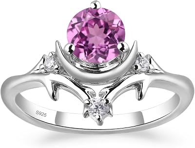 LUO Crescent Sun Moon Gemstone Ring, Sterling Silver 6x6MM Round Cut Engagement Birthstone Ring for Women