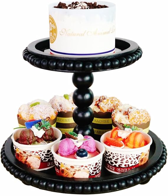 2 Tiered Tray Stand Display Farmhouse Tiered Tray with Beads Home Decor, Wood Cupcake Stand, Two Tier Tray with Beads for The Coffee Table(Black).