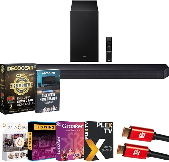 Samsung HW-Q600F 3.1.2ch Soundbar and Subwoofer Bundle with CPS Exclusive 26 Month Protection Pack, Premiere Movies Streaming, 2X HDMI Cable & Deco Gear Complete Home Theater Beginner's Guidebook