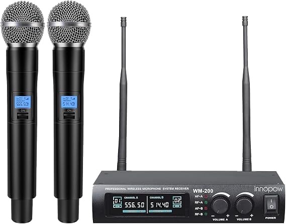 innopow Wireless Microphone System, Dual UHF Metal Cordless Mic Set, Long Distance 150-200Ft,16 Hours Continuous, Fixed Frequency, Use for Karaoke Singing, Family Party,Church (CH.01&02)