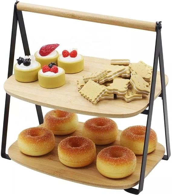 Deconox 2 Tiers Rectangular Bamboo Serving Presentation Set Large Size, Large Size For Dry Cake, Cookie and Cake Presentations (34cm-26.5cm-16cm)