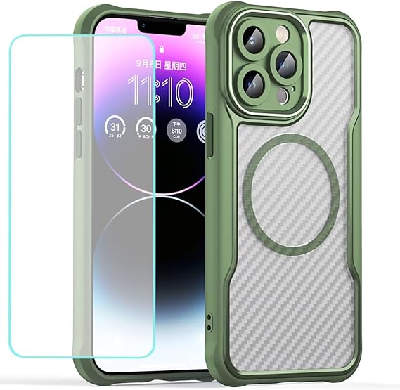Phone Case for iPhone 14 Pro Max Case/Apple 14 Pro Max with Tempered Glass Screen Protector,[Compatible with MagSafe] Carbon Fiber Case Slim Protective Phone Cover for iPhone 14 Pro Max Green