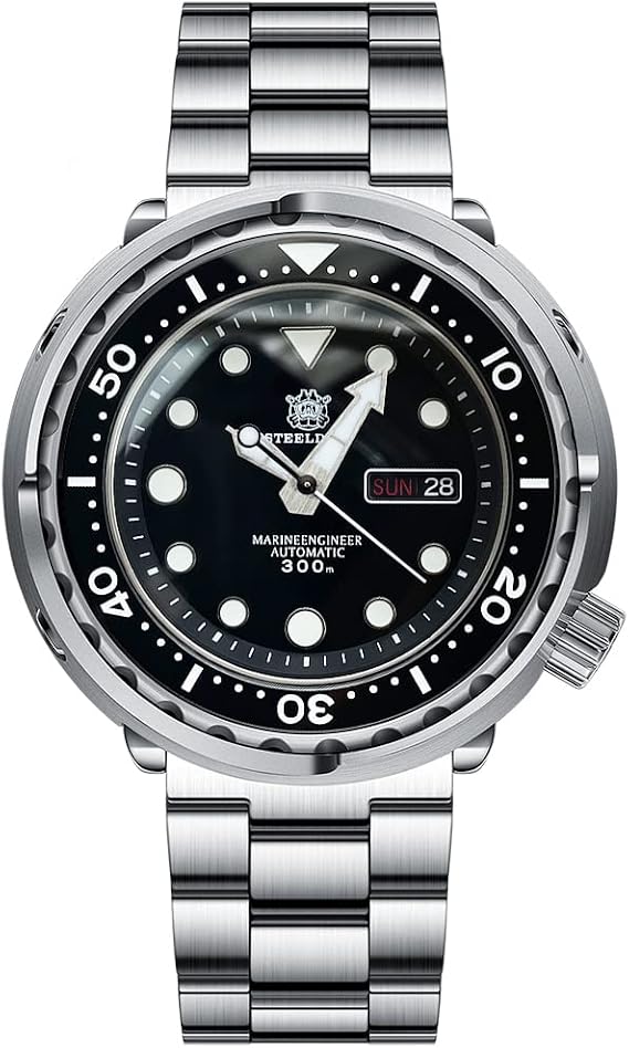 STEELDIVE SD1975W Black Dial Day and Date Function Diver Watch NH36 Automatic Movemen Stainless Steel Sports Wristwatch, black