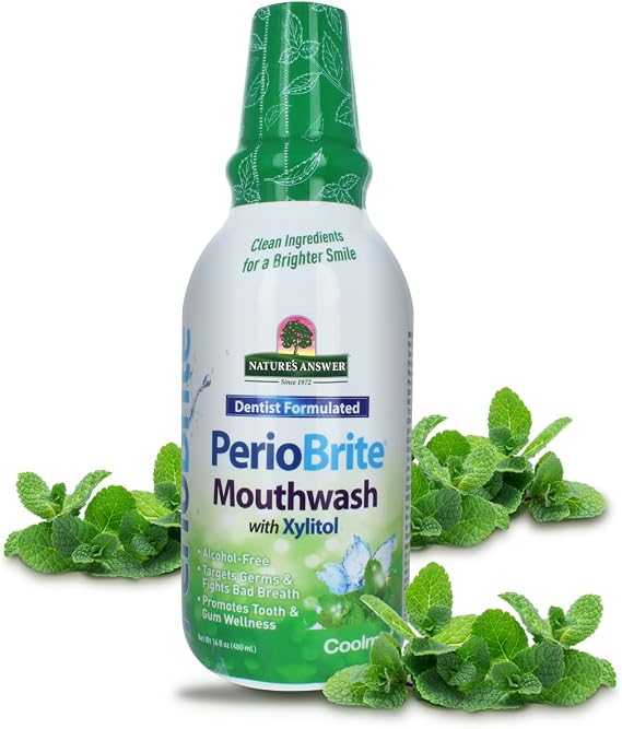 Nature's Answer PerioBrite Mouthwash Alcohol-Free Cool Mint - 16 fl oz | Fluoride Free | Natural Breath Freshener | Stain Remover | Natural Teeth Whitener