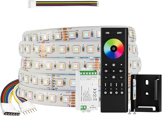 BTF-LIGHTING RGBCCT 5 Colors in 1 LED 5050SMD RGBWW RGB+Dimmable Color 2700K-6500K 16.4ft 96LEDs/m LED Lights IP65 DC24V, 4 Zones RF 2.4GHz Wireless Remote RC03RFB & C05RF Controller Kit (NO Adapter)