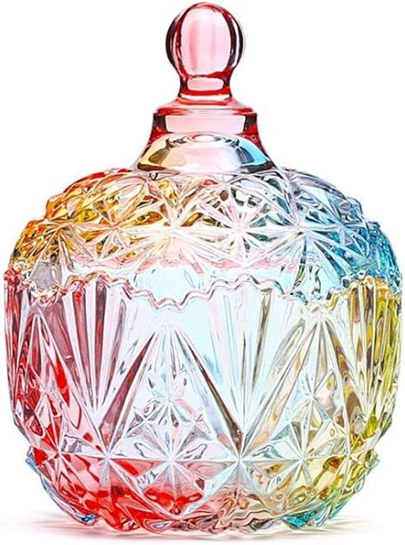 Crystal Candy Jar with Lid Glass Candy Dishes Sugar Bowl Chocolate Cookie Jar Food Containers Wedding Candy Buffet Jar Decorative Jewelry Box for Home Office Desk (1-Rainbow)