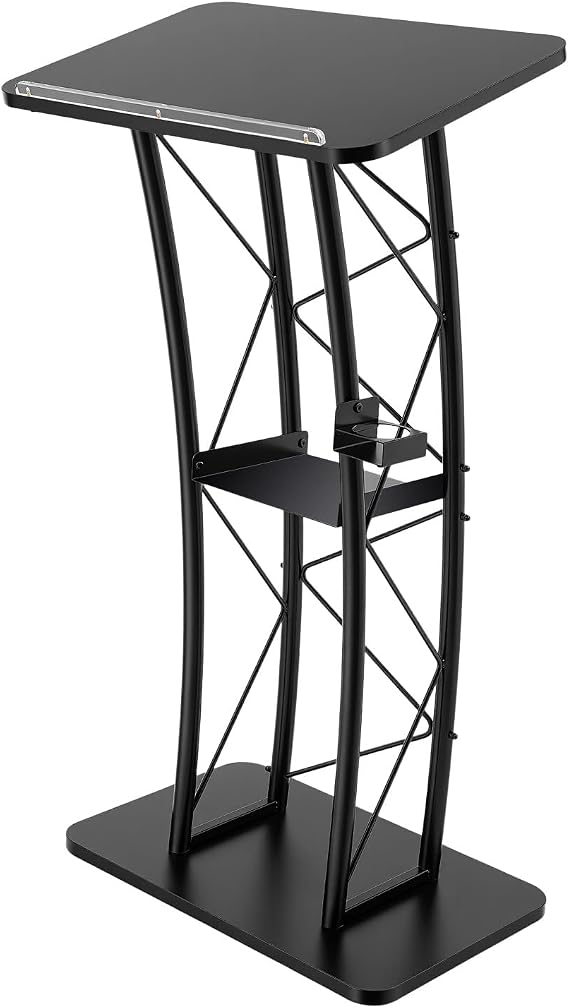 Curved Podium Stand, Metal Black Pulpit Lectern with Wide Reading Surface 47 Inch Portable Pulpit Podium with Cup Holder and Book Stopper for Classroom Wedding Conference Speech Concert
