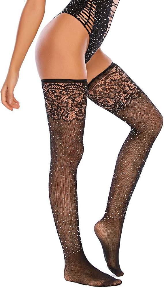 FANCAME Womens Sparkle Thigh High Stockings Patterned Floral Black Stockings Rhinestone Stay Ups Socks Tights