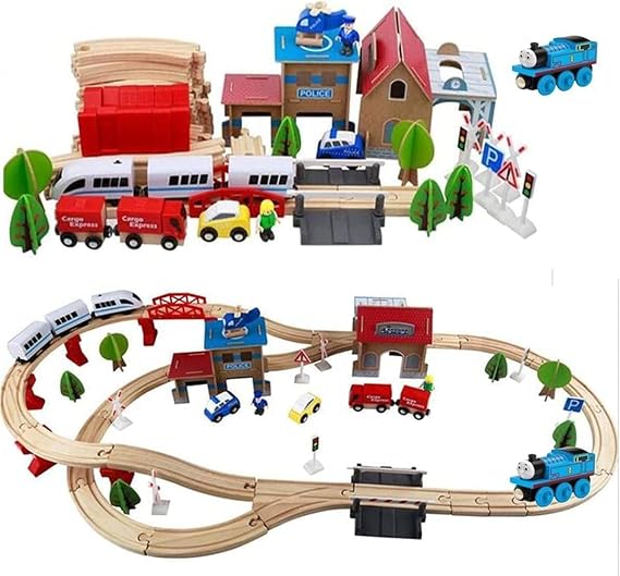 88Pcs Wooden Train Tracks set wooden Railway Train Station Set Electric Train Wooden Train Toys Free Thomas for Kids 3+ Years Old Girls Boys