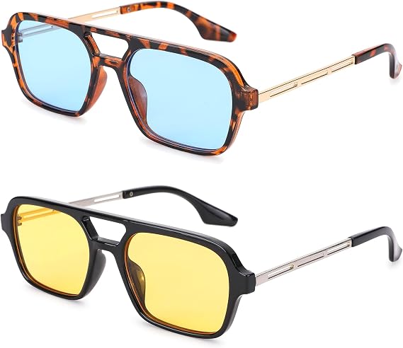 Hycredi Retro 70s Flat Aviator Sunglasses Trendy Vintage Square Glasses for Women Men Metal Design Shades UV Protection