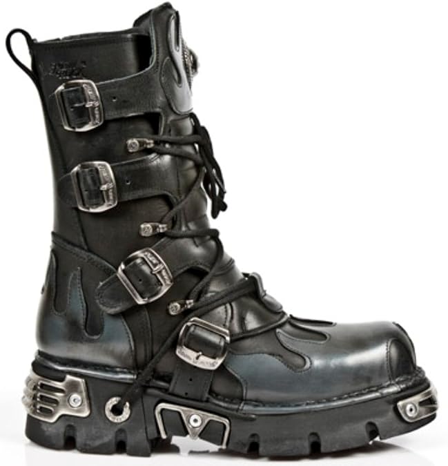 Newrock New Rock 591-S2 Silver Flame Metal Black Leather Heavy Punk Gothic Boots With Laces